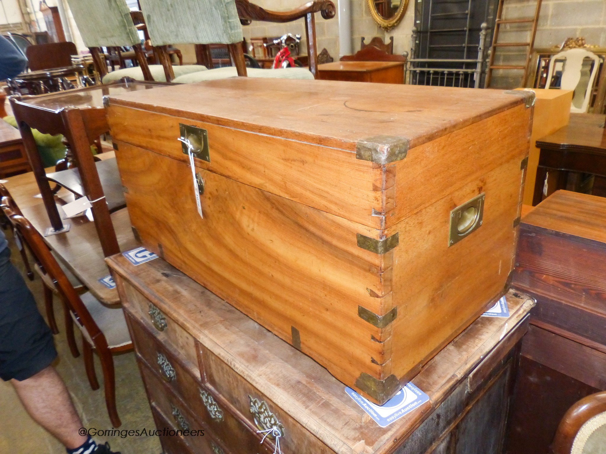 A small 19th century camphorwood trunk, fitted candle box to interior. W-83, D-39, H-41cm. W 83cm